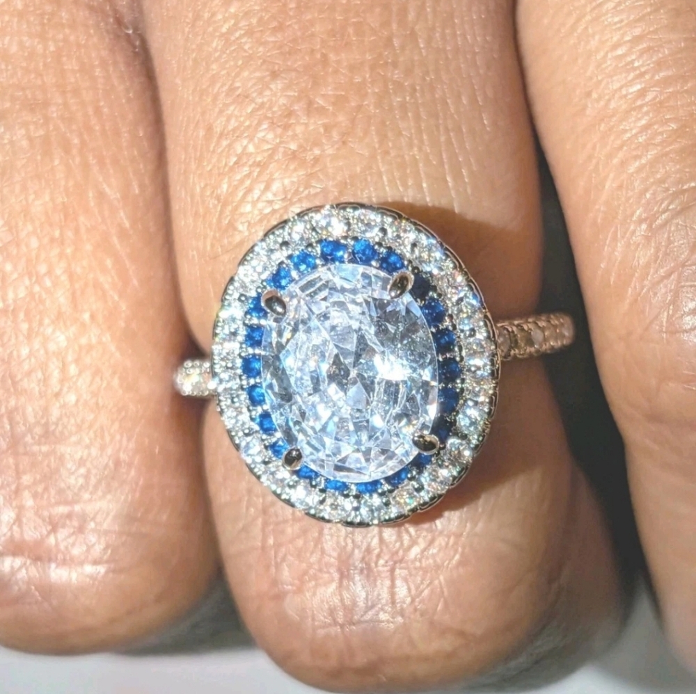 3Ct Blue Halo White Diamond Simulated Engagement Ring 14K White Gold Plated Sz 7